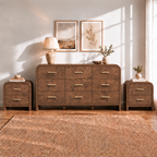Vintagearth 3-Piece Bedroom Dresser and Nightstand Set, 62.99"W 9-Drawer Dresser & Two 2-Drawer Nightstands, Curved Bedroom Furniture Set, Dark Burl