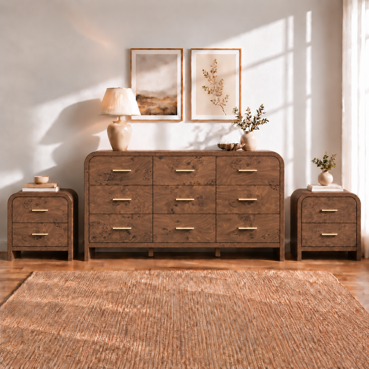 Vintagearth 3-Piece Bedroom Dresser and Nightstand Set, 62.99"W 9-Drawer Dresser & Two 2-Drawer Nightstands, Curved Bedroom Furniture Set, Dark Burl