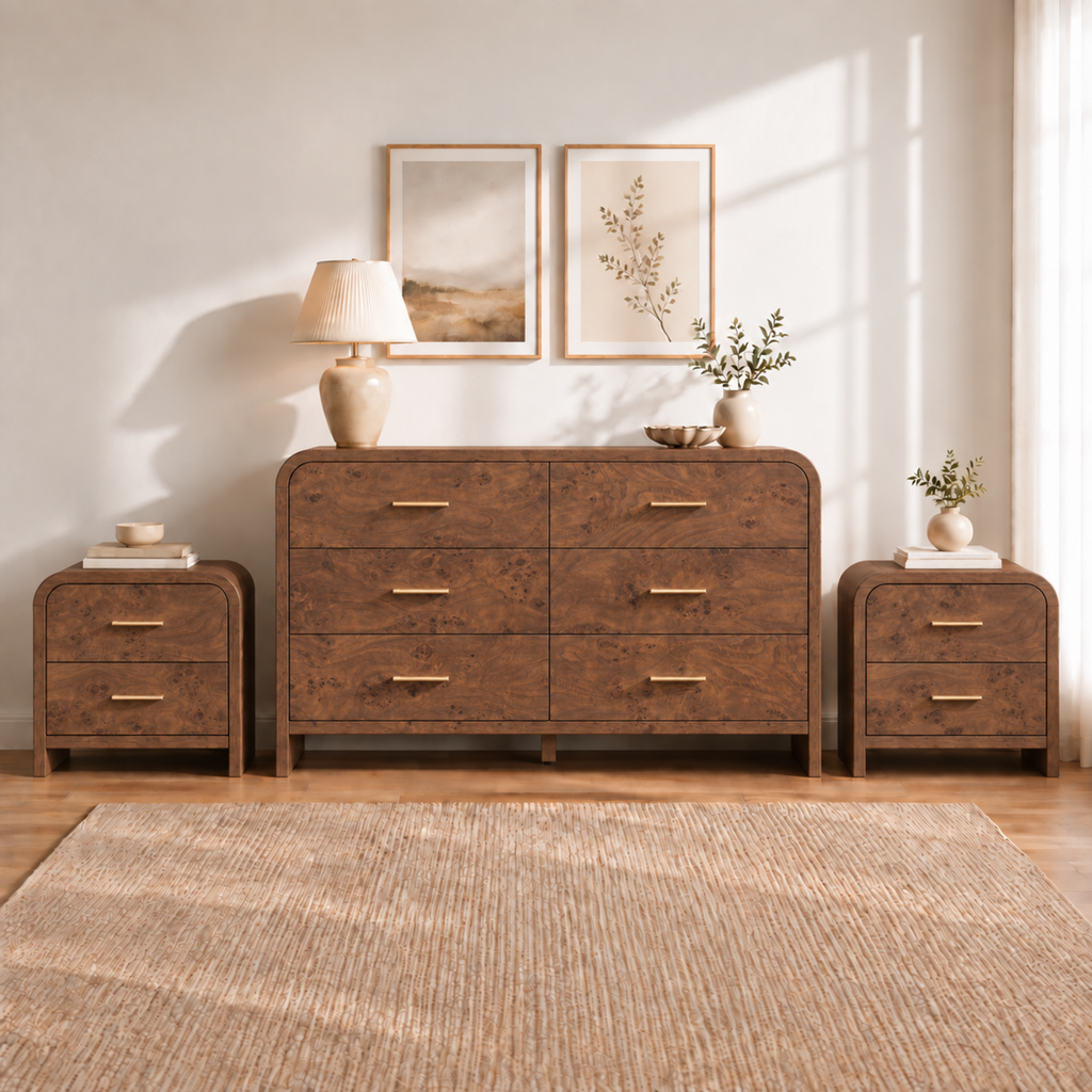 Vintagearth 3-Piece Bedroom Dresser and Nightstand Set, 53.81"W 6-Drawer Dresser & Two 2-Drawer Nightstands, Curved Bedroom Furniture Set, Dark Burl