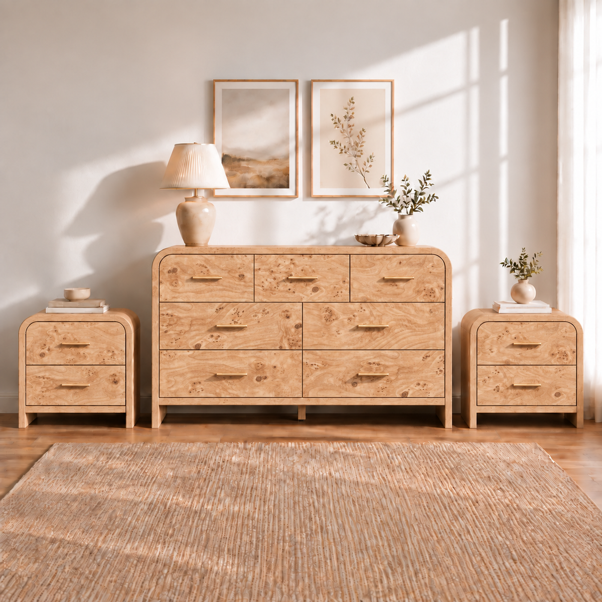 Vintagearth 3-Piece Bedroom Dresser and Nightstand Set, 53.82"W 7-Drawer Dresser & Two 2-Drawer Nightstands, Curved Bedroom Furniture Set, Light Burl