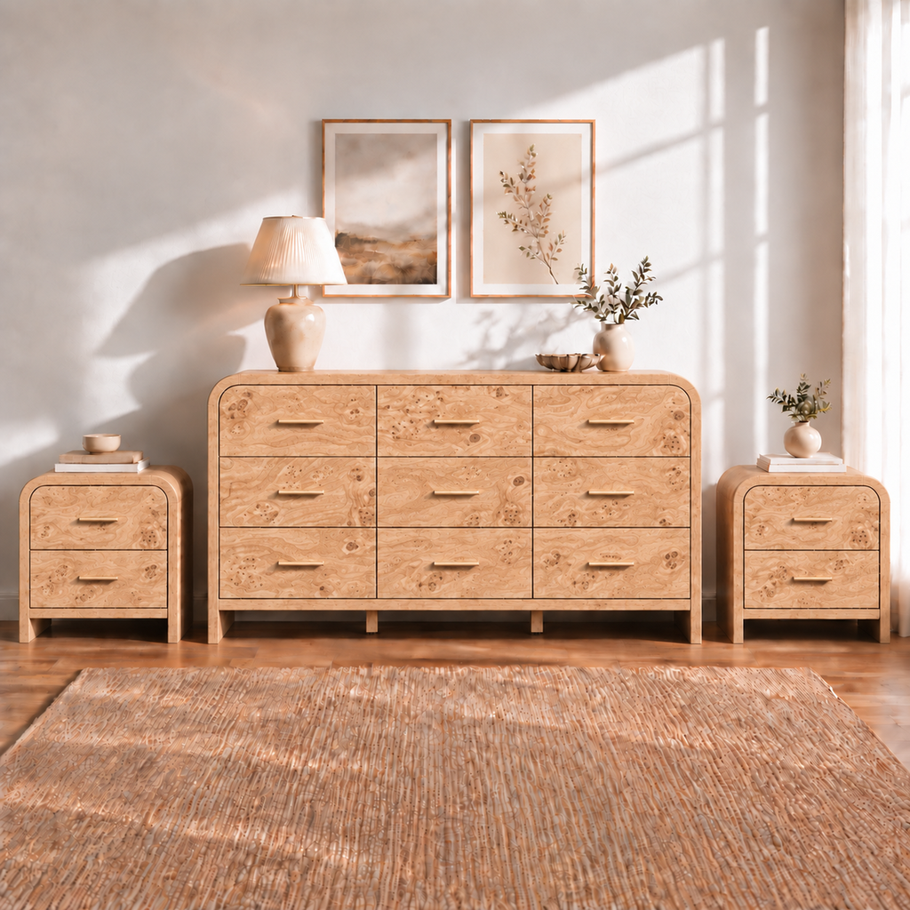 Vintagearth 3-Piece Bedroom Dresser and Nightstand Set, 62.99"W 9-Drawer Dresser & Two 2-Drawer Nightstands, Curved Bedroom Furniture Set, Light Burl