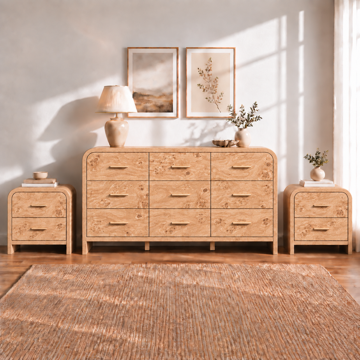 Vintagearth 3-Piece Bedroom Dresser and Nightstand Set, 62.99"W 9-Drawer Dresser & Two 2-Drawer Nightstands, Curved Bedroom Furniture Set, Light Burl