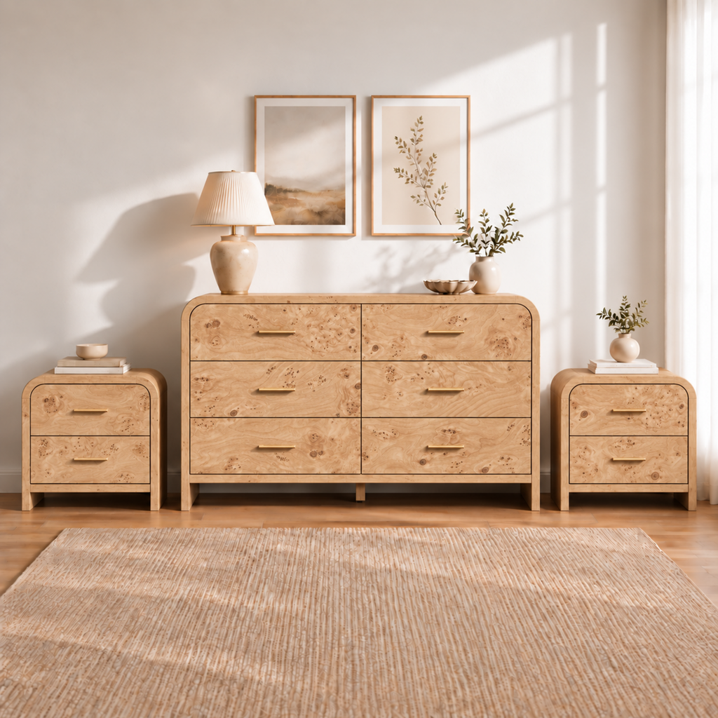 Vintagearth 3-Piece Bedroom Dresser and Nightstand Set, 53.81"W 6-Drawer Dresser & Two 2-Drawer Nightstands, Curved Bedroom Furniture Set, Light Burl