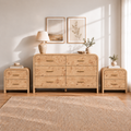 Vintagearth 3-Piece Bedroom Dresser and Nightstand Set, 53.81"W 6-Drawer Dresser & Two 2-Drawer Nightstands, Curved Bedroom Furniture Set, Light Burl