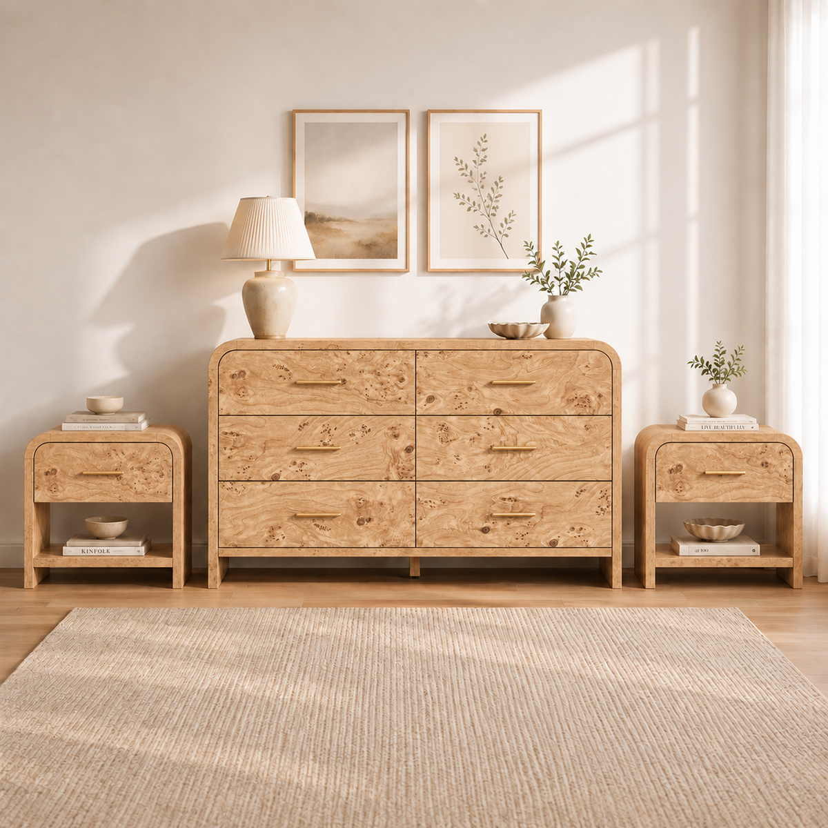 Vintagearth 3-Piece Bedroom Dresser and Nightstand Set, 53.81"W 6-Drawer Dresser & Two 1-Drawer Nightstands with Open Shelf, Curved Bedroom Furniture Set, Light Burl