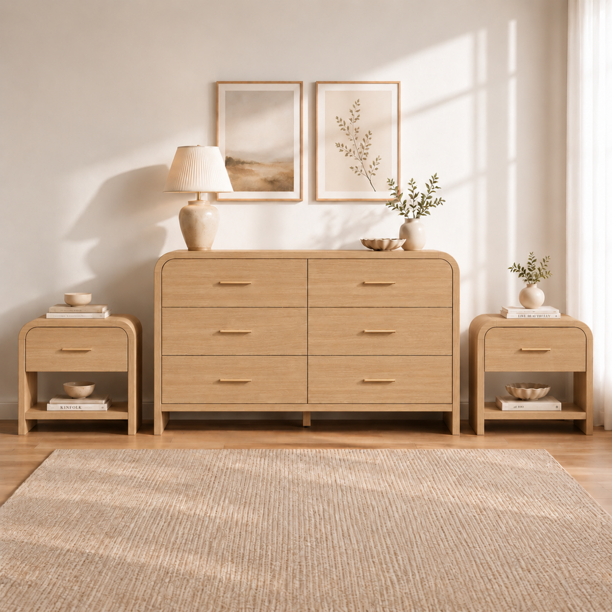 Vintagearth 3-Piece Bedroom Dresser and Nightstand Set, 53.81"W 6-Drawer Dresser & Two 1-Drawer Nightstands with Open Shelf, Curved Bedroom Furniture Set, Natural Oak