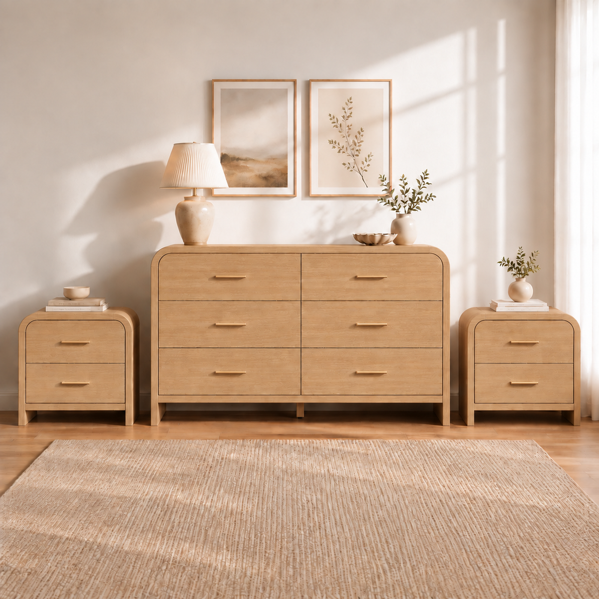 Vintagearth 3-Piece Bedroom Dresser and Nightstand Set, 53.81"W 6-Drawer Dresser & Two 2-Drawer Nightstands, Curved Bedroom Furniture Set, Natural Oak