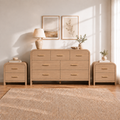 Vintagearth 3-Piece Bedroom Dresser and Nightstand Set, 53.82"W 7-Drawer Dresser & Two 2-Drawer Nightstands, Curved Bedroom Furniture Set, Oak