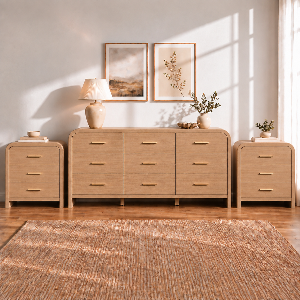 Vintagearth 3-Piece Bedroom Dresser and Nightstand Set, 62.99"W 9-Drawer Dresser & Two 3-Drawer Nightstands, Curved Bedroom Furniture Set, Oak