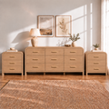 Vintagearth 3-Piece Bedroom Dresser and Nightstand Set, 62.99"W 9-Drawer Dresser & Two 3-Drawer Nightstands, Curved Bedroom Furniture Set, Oak