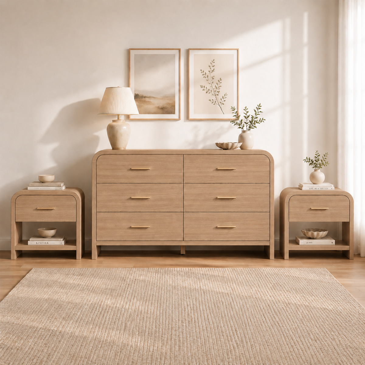 Vintagearth 3-Piece Bedroom Dresser and Nightstand Set, 53.81"W 6-Drawer Dresser & Two 1-Drawer Nightstands with Open Shelf, Curved Bedroom Furniture Set, Oak