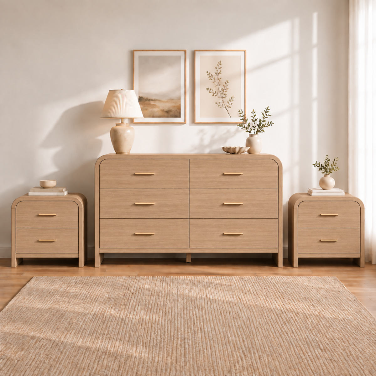 Vintagearth 3-Piece Bedroom Dresser and Nightstand Set, 53.81"W 6-Drawer Dresser & Two 2-Drawer Nightstands, Curved Bedroom Furniture Set, Oak