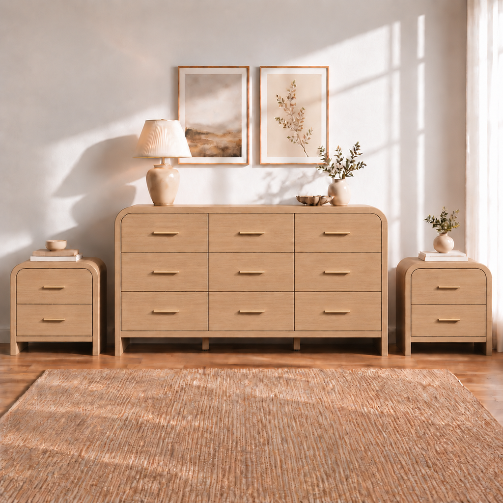 Vintagearth 3-Piece Bedroom Dresser and Nightstand Set, 62.99"W 9-Drawer Dresser & Two 2-Drawer Nightstands, Curved Bedroom Furniture Set, Oak