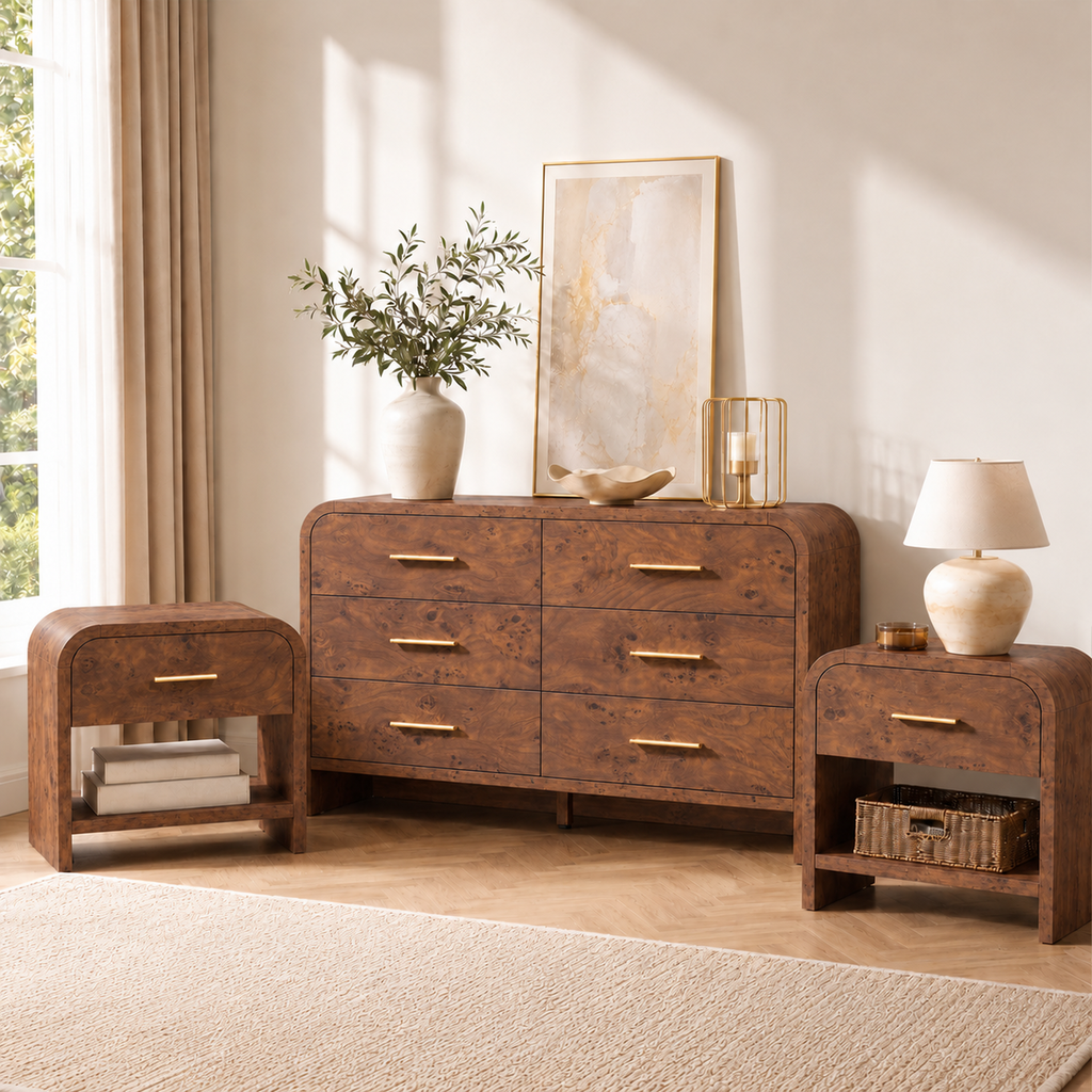 Vintagearth 3-Piece Bedroom Dresser and Nightstand Set, 53.81"W 6-Drawer Dresser & Two 1-Drawer Nightstands with Open Shelf, Curved Bedroom Furniture Set, Dark Burl
