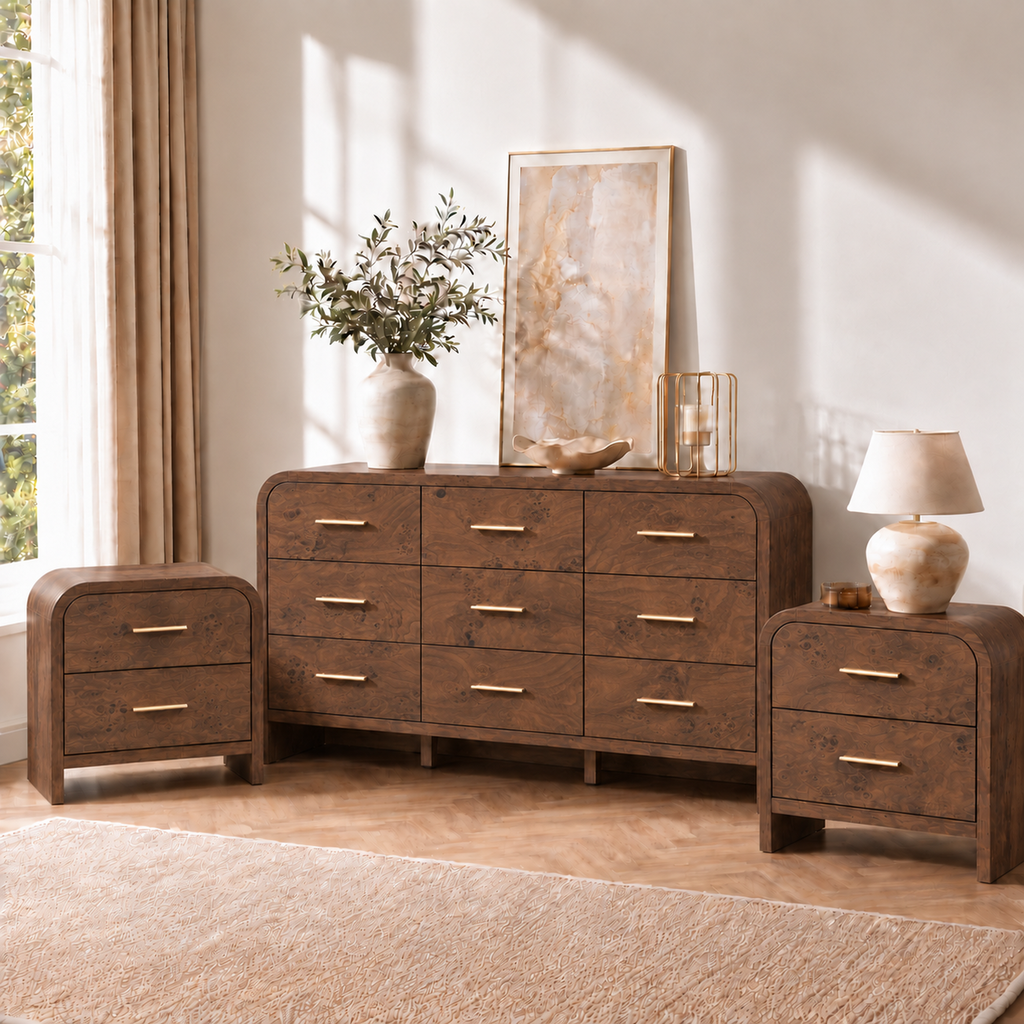 Vintagearth 3-Piece Bedroom Dresser and Nightstand Set, 62.99"W 9-Drawer Dresser & Two 2-Drawer Nightstands, Curved Bedroom Furniture Set, Dark Burl