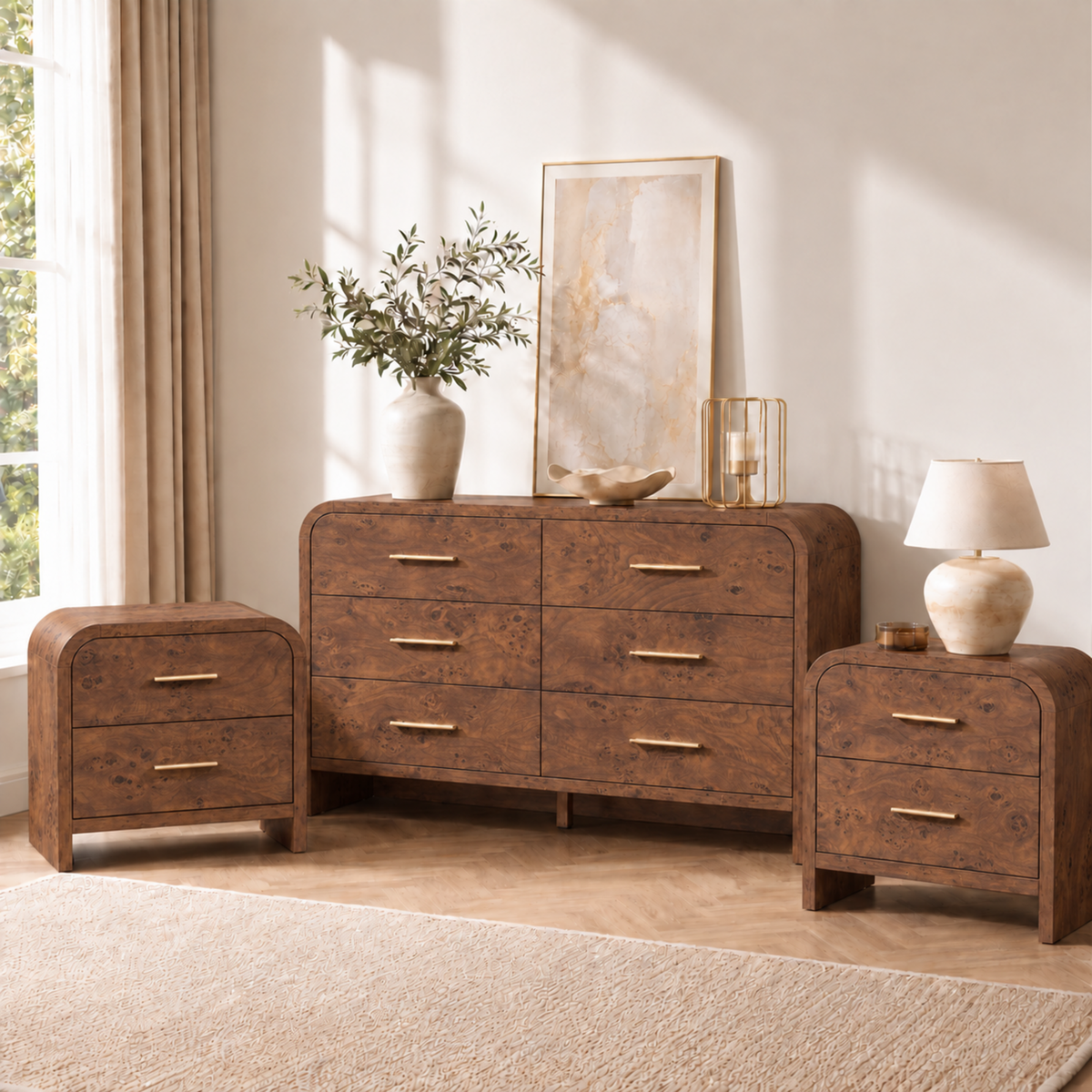 Vintagearth 3-Piece Bedroom Dresser and Nightstand Set, 53.81"W 6-Drawer Dresser & Two 2-Drawer Nightstands, Curved Bedroom Furniture Set, Dark Burl