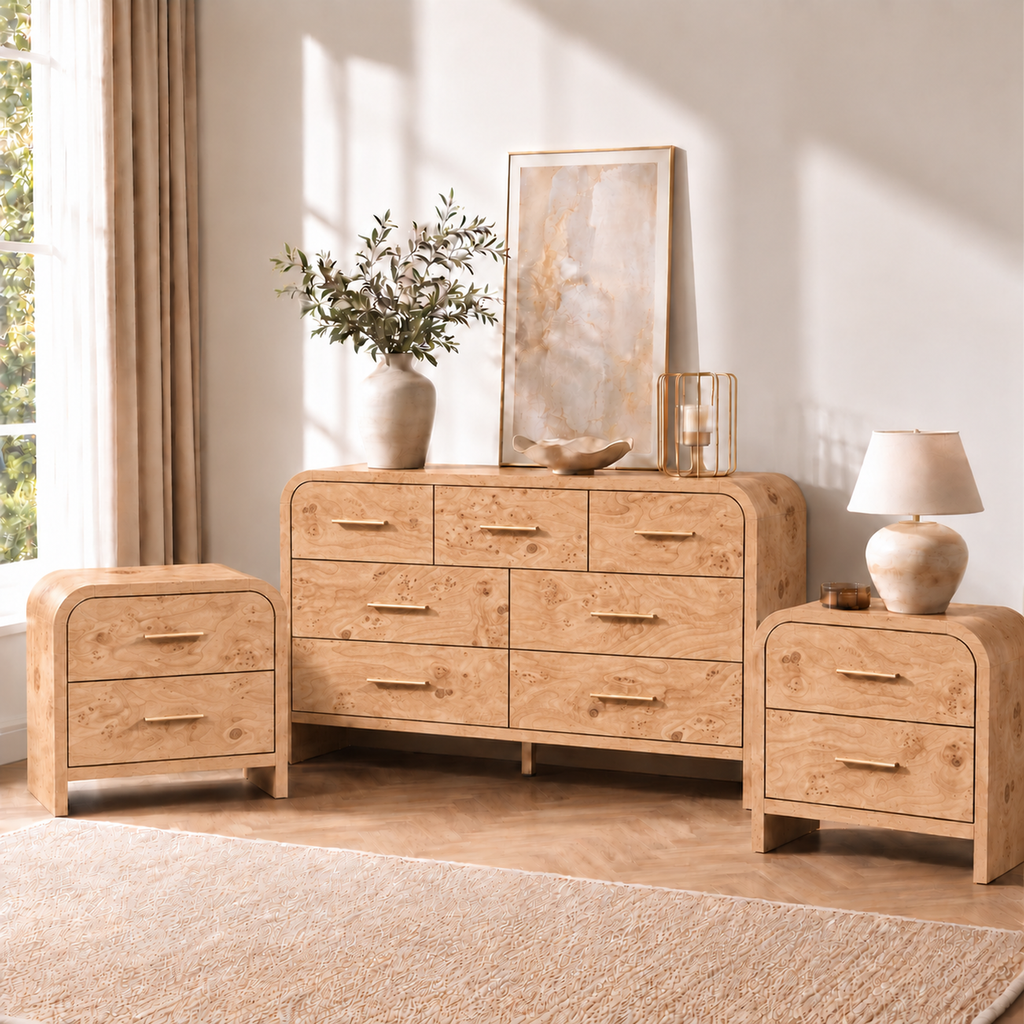 Vintagearth 3-Piece Bedroom Dresser and Nightstand Set, 53.82"W 7-Drawer Dresser & Two 2-Drawer Nightstands, Curved Bedroom Furniture Set, Light Burl