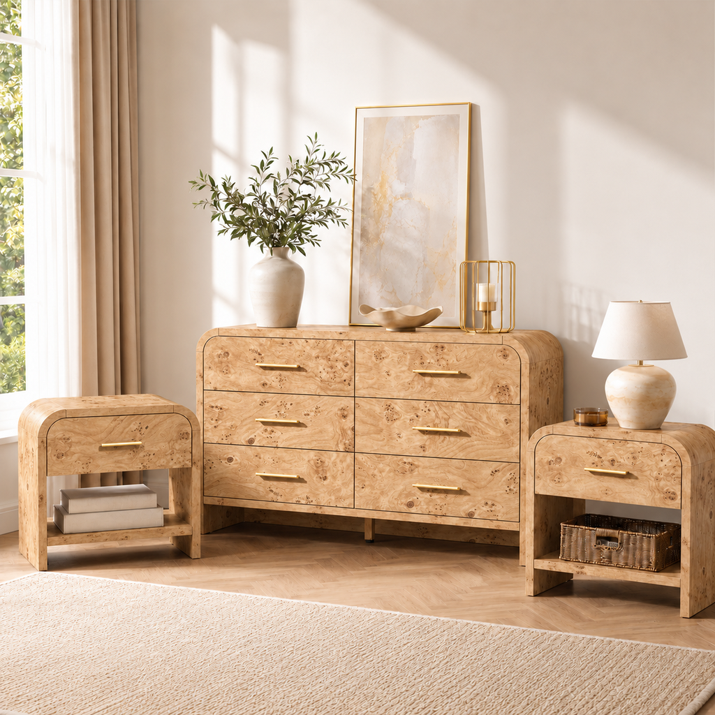 Vintagearth 3-Piece Bedroom Dresser and Nightstand Set, 53.81"W 6-Drawer Dresser & Two 1-Drawer Nightstands with Open Shelf, Curved Bedroom Furniture Set, Light Burl
