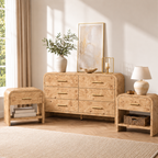 Vintagearth 3-Piece Bedroom Dresser and Nightstand Set, 53.81"W 6-Drawer Dresser & Two 1-Drawer Nightstands with Open Shelf, Curved Bedroom Furniture Set, Light Burl