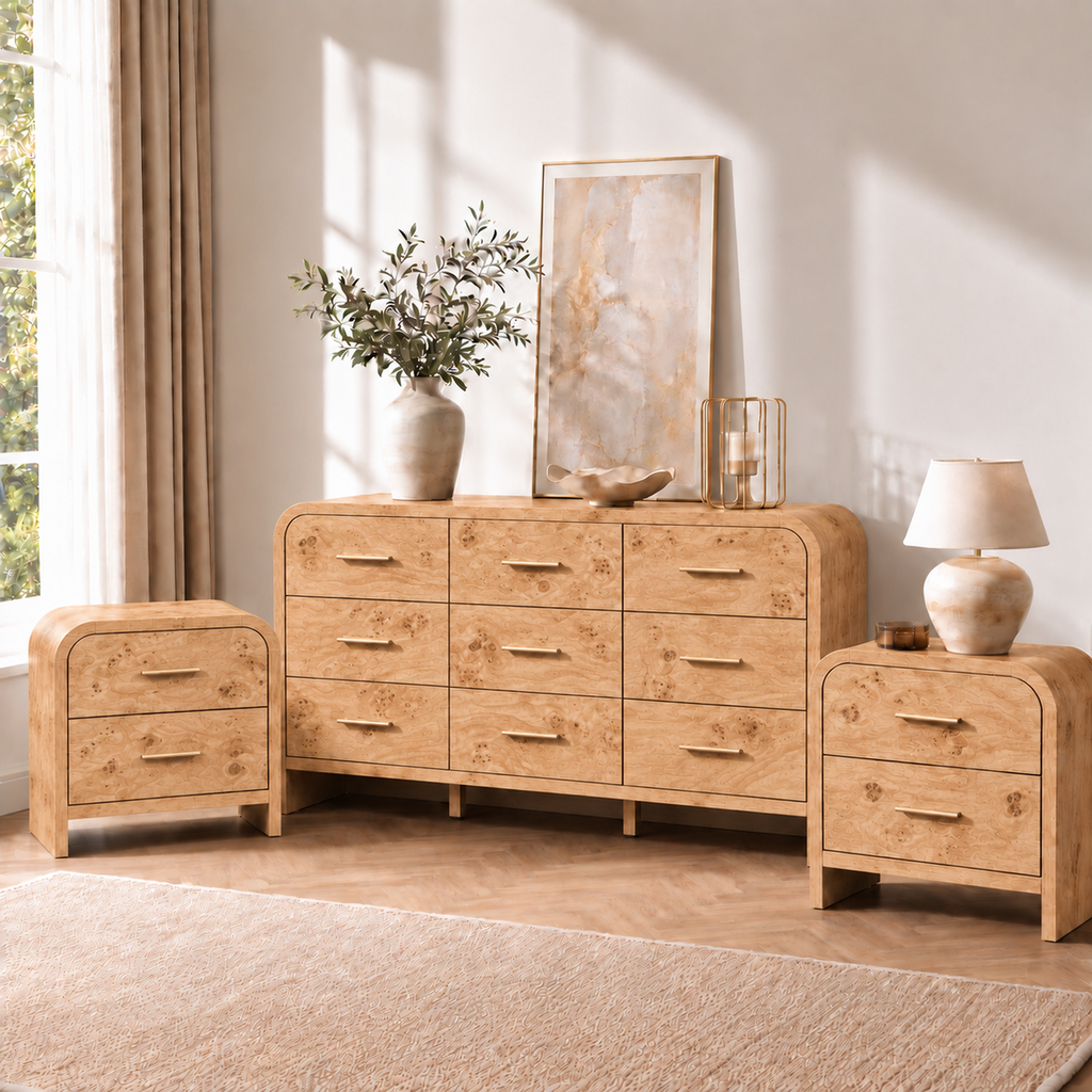 Vintagearth 3-Piece Bedroom Dresser and Nightstand Set, 62.99"W 9-Drawer Dresser & Two 2-Drawer Nightstands, Curved Bedroom Furniture Set, Light Burl