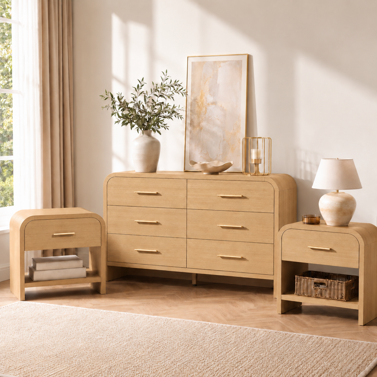 Vintagearth 3-Piece Bedroom Dresser and Nightstand Set, 53.81"W 6-Drawer Dresser & Two 1-Drawer Nightstands with Open Shelf, Curved Bedroom Furniture Set, Natural Oak