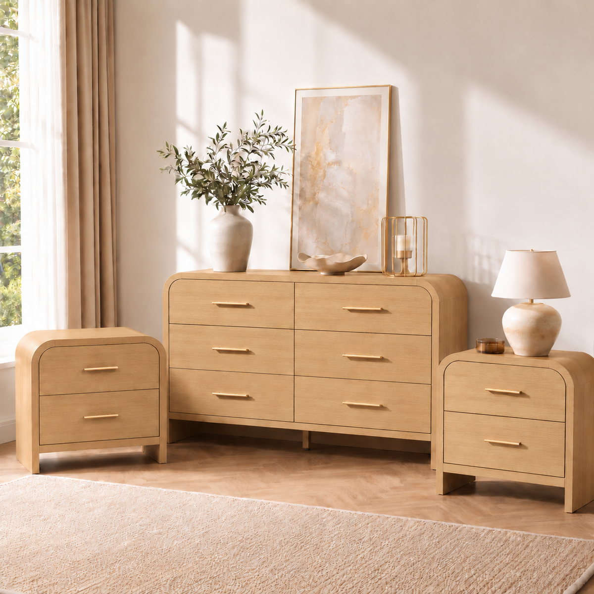 Vintagearth 3-Piece Bedroom Dresser and Nightstand Set, 53.81"W 6-Drawer Dresser & Two 2-Drawer Nightstands, Curved Bedroom Furniture Set, Natural Oak
