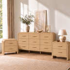 Vintagearth 3-Piece Bedroom Dresser and Nightstand Set, 62.99"W 9-Drawer Dresser & Two 2-Drawer Nightstands, Curved Bedroom Furniture Set, Natural Oak