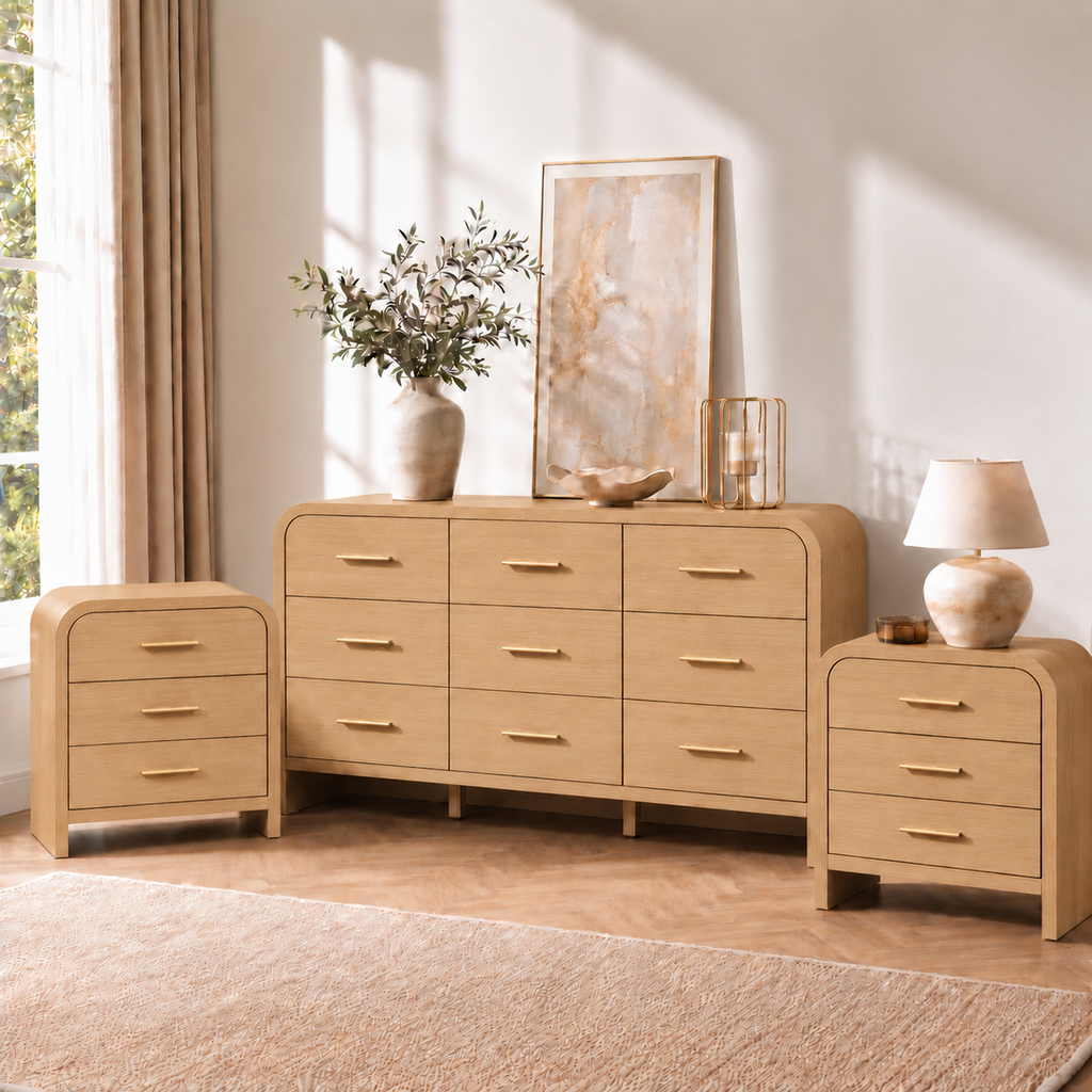 Vintagearth 3-Piece Bedroom Dresser and Nightstand Set, 62.99"W 9-Drawer Dresser & Two 3-Drawer Nightstands, Curved Bedroom Furniture Set, Natural Oak