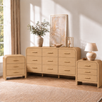 Vintagearth 3-Piece Bedroom Dresser and Nightstand Set, 62.99"W 9-Drawer Dresser & Two 3-Drawer Nightstands, Curved Bedroom Furniture Set, Natural Oak