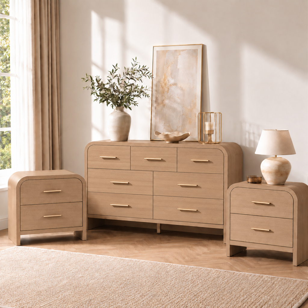 Vintagearth 3-Piece Bedroom Dresser and Nightstand Set, 53.82"W 7-Drawer Dresser & Two 2-Drawer Nightstands, Curved Bedroom Furniture Set, Oak