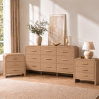 Vintagearth 3-Piece Bedroom Dresser and Nightstand Set, 62.99"W 9-Drawer Dresser & Two 3-Drawer Nightstands, Curved Bedroom Furniture Set, Oak