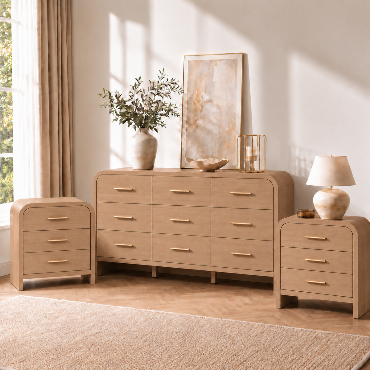 Vintagearth 3-Piece Bedroom Dresser and Nightstand Set, 62.99"W 9-Drawer Dresser & Two 3-Drawer Nightstands, Curved Bedroom Furniture Set, Oak