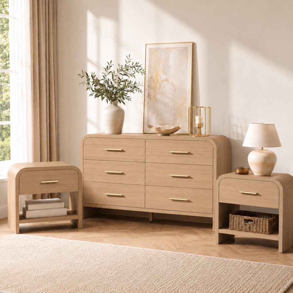Vintagearth 3-Piece Bedroom Dresser and Nightstand Set, 53.81"W 6-Drawer Dresser & Two 1-Drawer Nightstands with Open Shelf, Curved Bedroom Furniture Set, Oak
