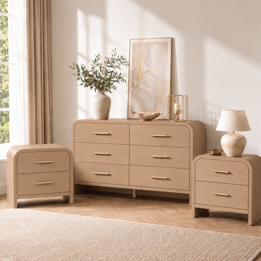 Vintagearth 3-Piece Bedroom Dresser and Nightstand Set, 53.81"W 6-Drawer Dresser & Two 2-Drawer Nightstands, Curved Bedroom Furniture Set, Oak