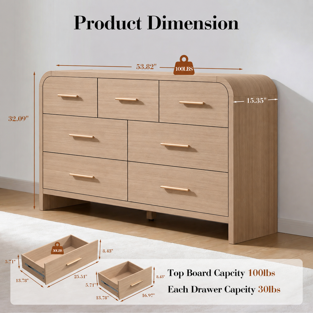 Vintagearth 3-Piece Bedroom Dresser and Nightstand Set, 53.82"W 7-Drawer Dresser & Two 2-Drawer Nightstands, Curved Bedroom Furniture Set, Oak