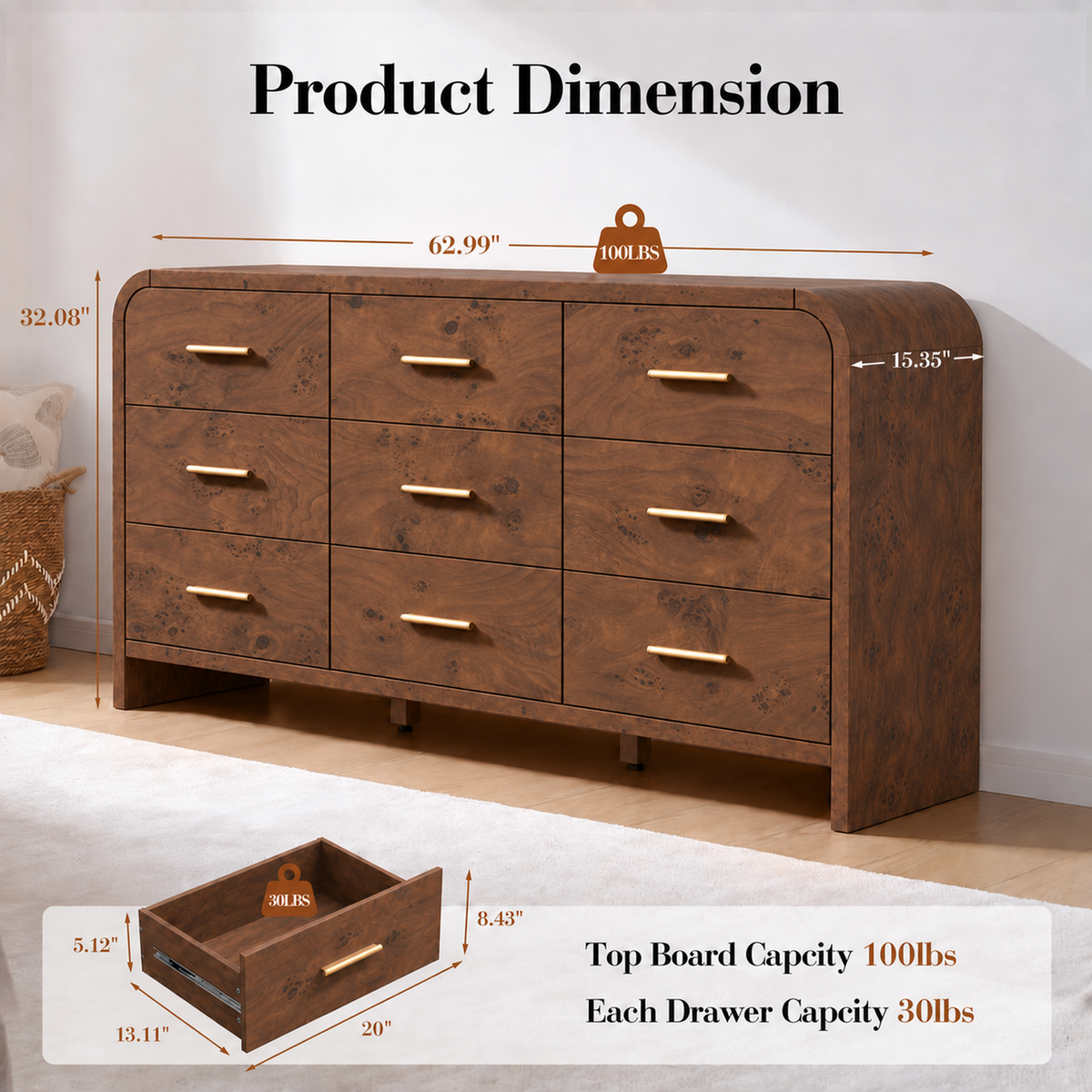 Vintagearth 3-Piece Bedroom Dresser and Nightstand Set, 62.99"W 9-Drawer Dresser & Two 2-Drawer Nightstands, Curved Bedroom Furniture Set, Dark Burl