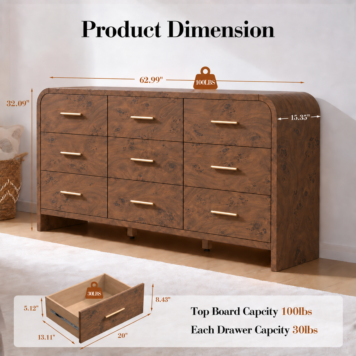Vintagearth 3-Piece Bedroom Dresser and Nightstand Set, 62.99"W 9-Drawer Dresser & Two 3-Drawer Nightstands, Curved Bedroom Furniture Set, Dark Burl