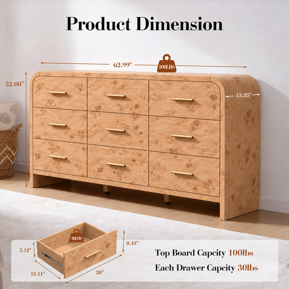Vintagearth 3-Piece Bedroom Dresser and Nightstand Set, 62.99"W 9-Drawer Dresser & Two 2-Drawer Nightstands, Curved Bedroom Furniture Set, Light Burl