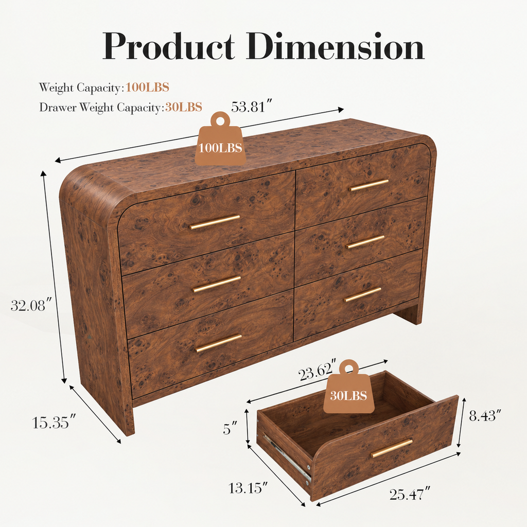 Vintagearth 3-Piece Bedroom Dresser and Nightstand Set, 53.81"W 6-Drawer Dresser & Two 1-Drawer Nightstands with Open Shelf, Curved Bedroom Furniture Set, Dark Burl