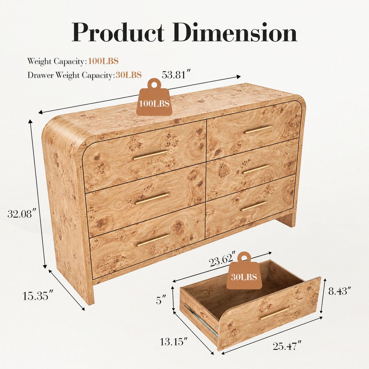 Vintagearth 3-Piece Bedroom Dresser and Nightstand Set, 53.81"W 6-Drawer Dresser & Two 1-Drawer Nightstands with Open Shelf, Curved Bedroom Furniture Set, Light Burl