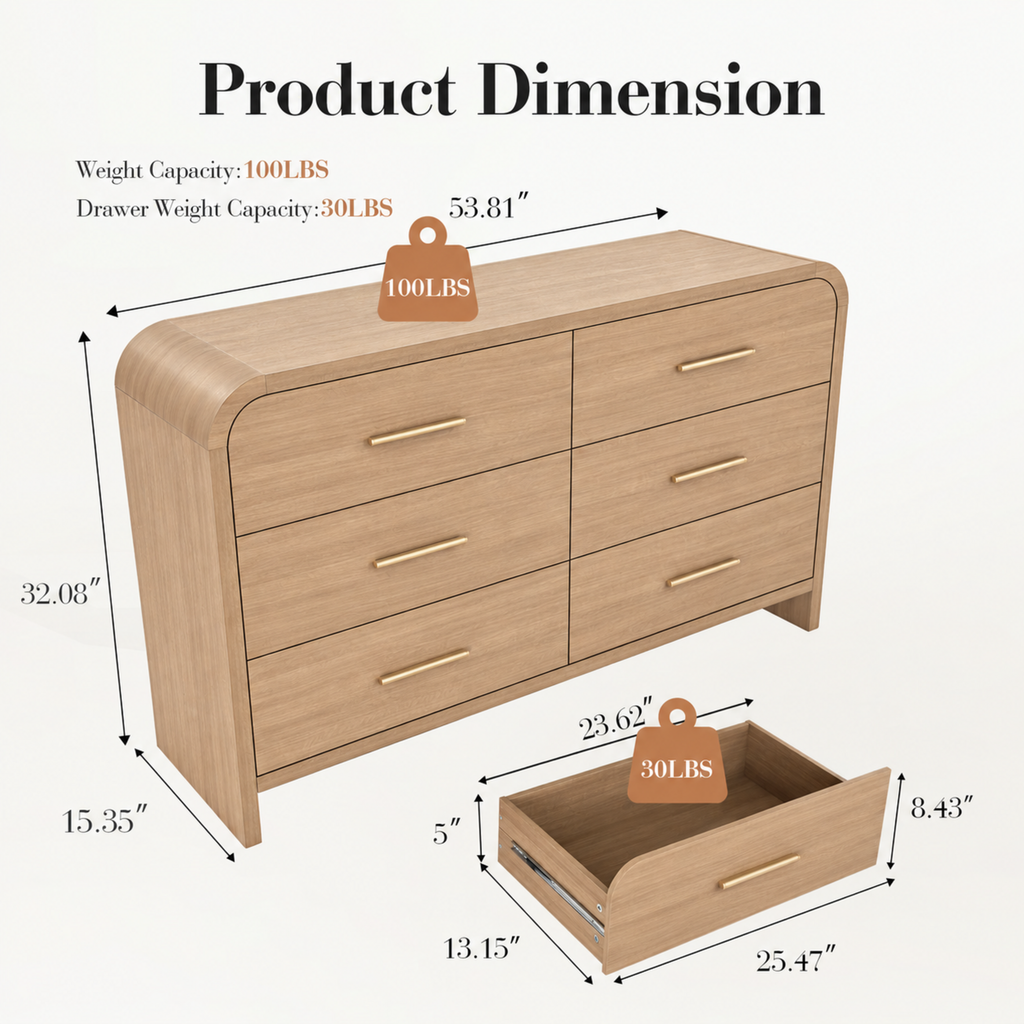 Vintagearth 3-Piece Bedroom Dresser and Nightstand Set, 53.81"W 6-Drawer Dresser & Two 1-Drawer Nightstands with Open Shelf, Curved Bedroom Furniture Set, Oak