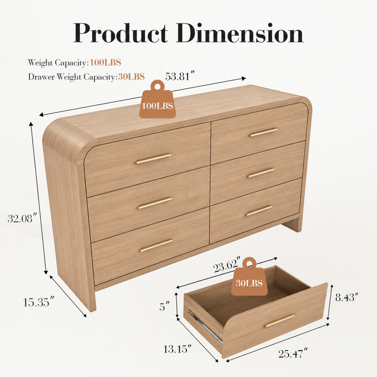 Vintagearth 3-Piece Bedroom Dresser and Nightstand Set, 53.81"W 6-Drawer Dresser & Two 1-Drawer Nightstands with Open Shelf, Curved Bedroom Furniture Set, Oak