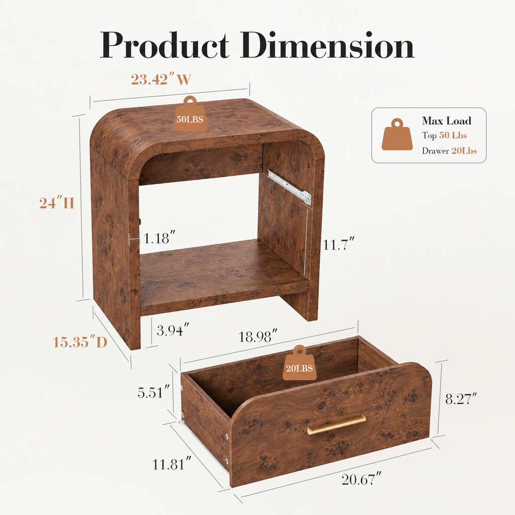 Vintagearth 3-Piece Bedroom Dresser and Nightstand Set, 53.81"W 6-Drawer Dresser & Two 1-Drawer Nightstands with Open Shelf, Curved Bedroom Furniture Set, Dark Burl