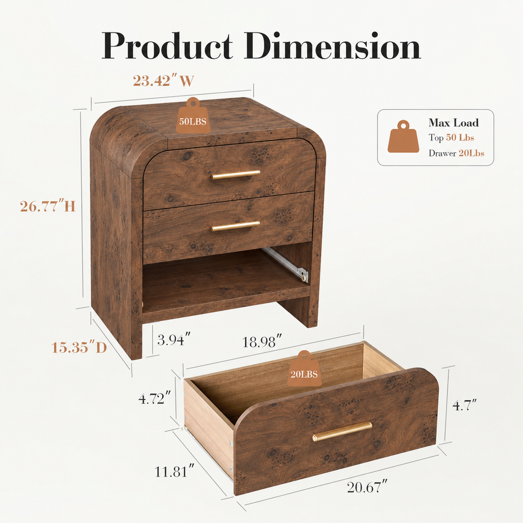 Vintagearth 3-Piece Bedroom Dresser and Nightstand Set, 62.99"W 9-Drawer Dresser & Two 3-Drawer Nightstands, Curved Bedroom Furniture Set, Dark Burl
