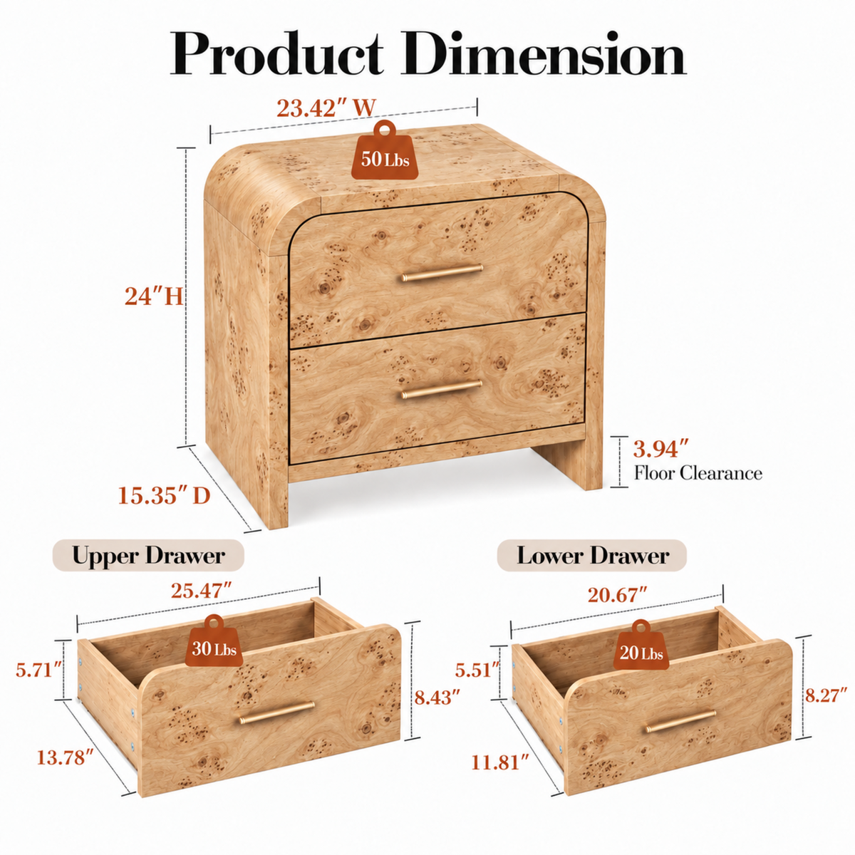 Vintagearth 3-Piece Bedroom Dresser and Nightstand Set, 53.81"W 6-Drawer Dresser & Two 2-Drawer Nightstands, Curved Bedroom Furniture Set, Light Burl