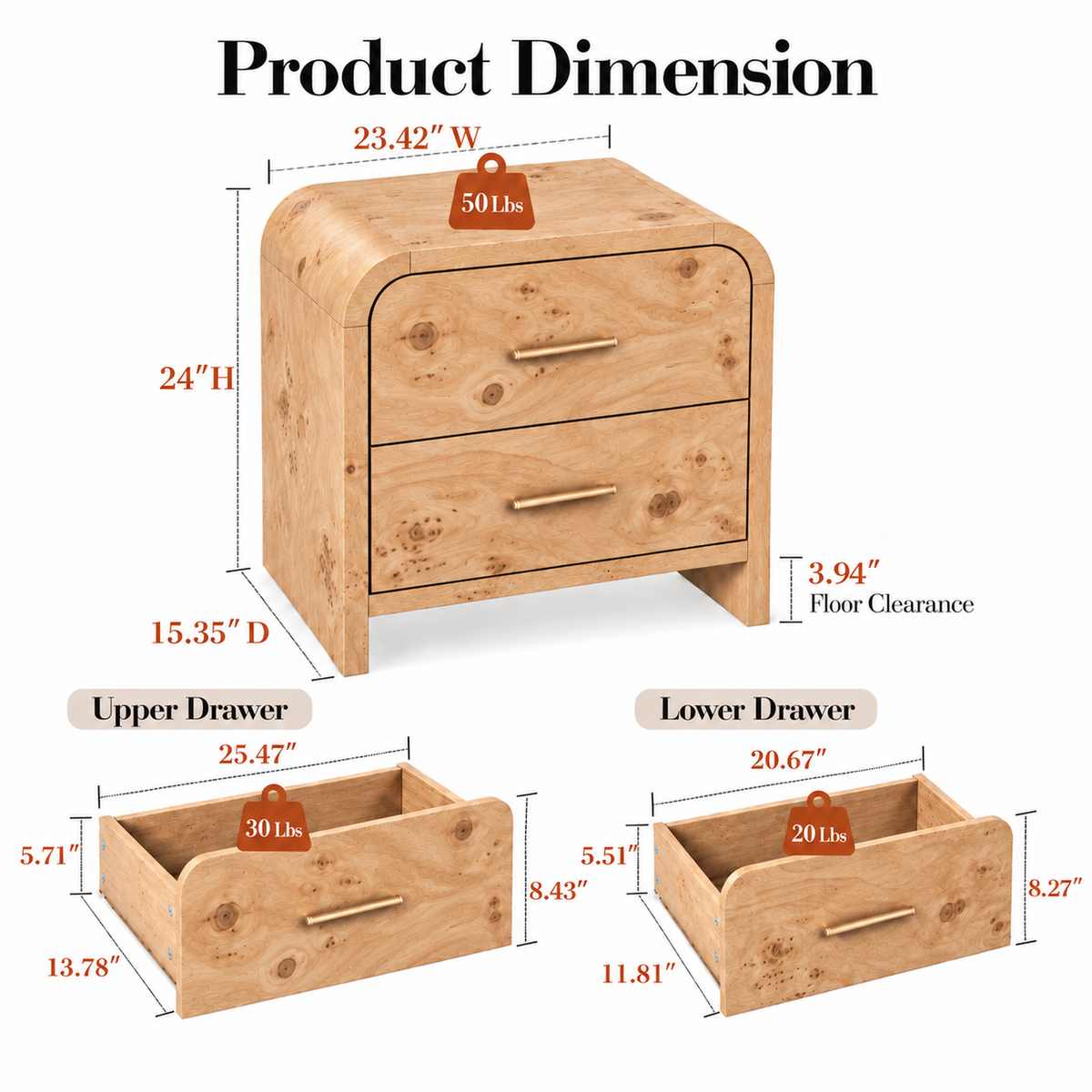 Vintagearth 3-Piece Bedroom Dresser and Nightstand Set, 62.99"W 9-Drawer Dresser & Two 2-Drawer Nightstands, Curved Bedroom Furniture Set, Light Burl
