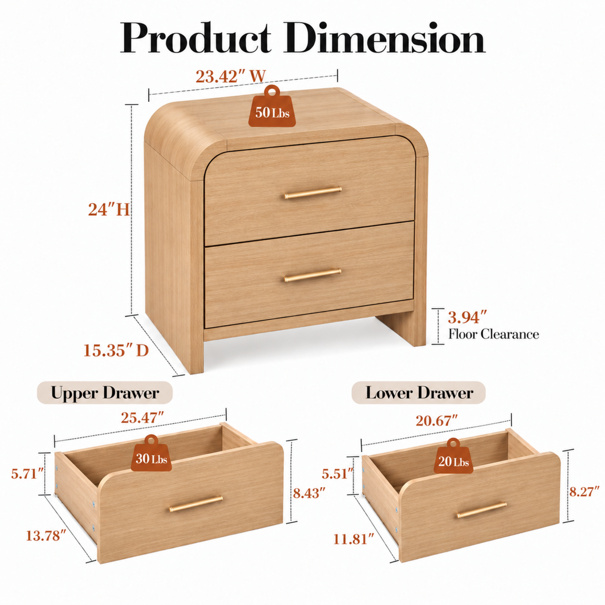 Vintagearth 3-Piece Bedroom Dresser and Nightstand Set, 53.81"W 6-Drawer Dresser & Two 2-Drawer Nightstands, Curved Bedroom Furniture Set, Natural Oak