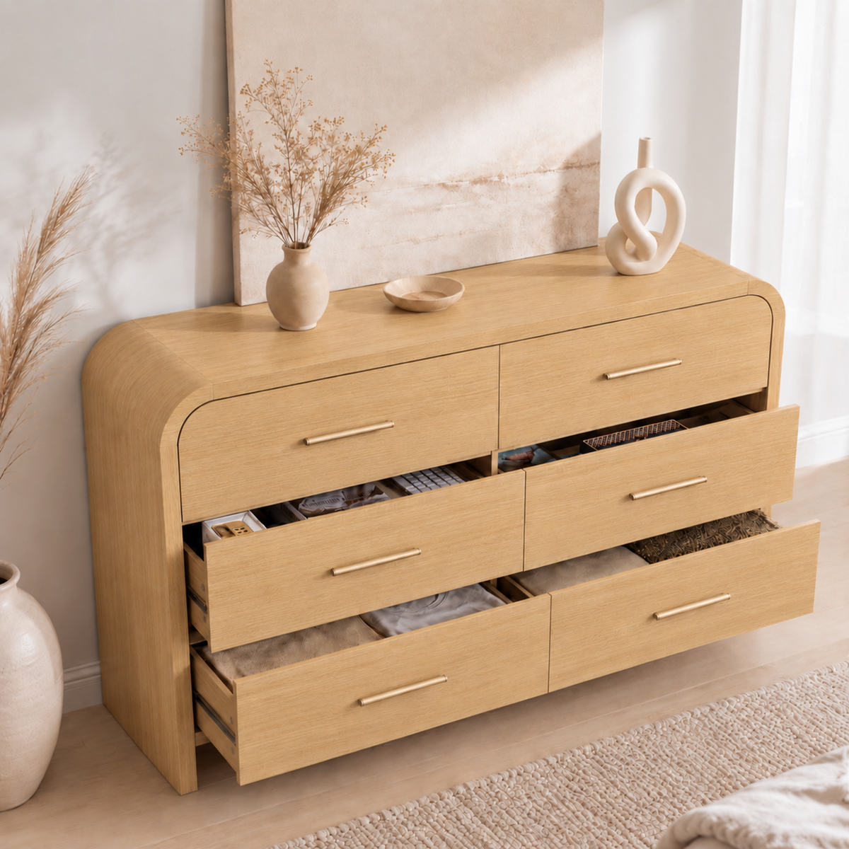 Vintagearth 3-Piece Bedroom Dresser and Nightstand Set, 53.81"W 6-Drawer Dresser & Two 2-Drawer Nightstands, Curved Bedroom Furniture Set, Natural Oak