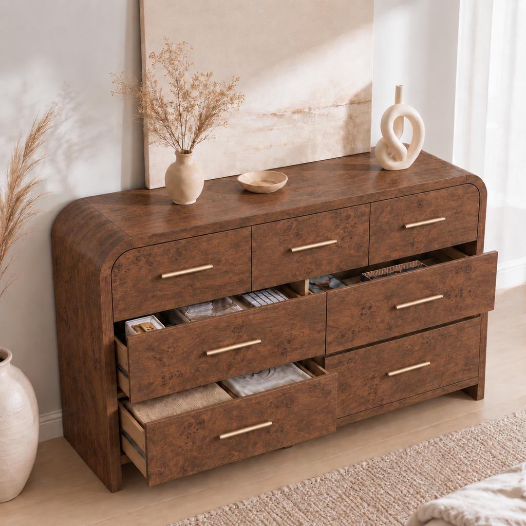 Vintagearth 3-Piece Bedroom Dresser and Nightstand Set, 53.82"W 7-Drawer Dresser & Two 2-Drawer Nightstands, Curved Bedroom Furniture Set, Dark Burl