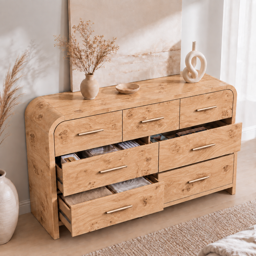 Vintagearth 3-Piece Bedroom Dresser and Nightstand Set, 53.82"W 7-Drawer Dresser & Two 2-Drawer Nightstands, Curved Bedroom Furniture Set, Light Burl